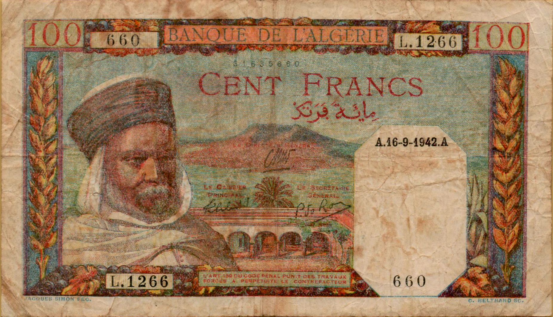 Algeria 100 1942 VF- P-88/a <b>[Serial# 266660]</b>